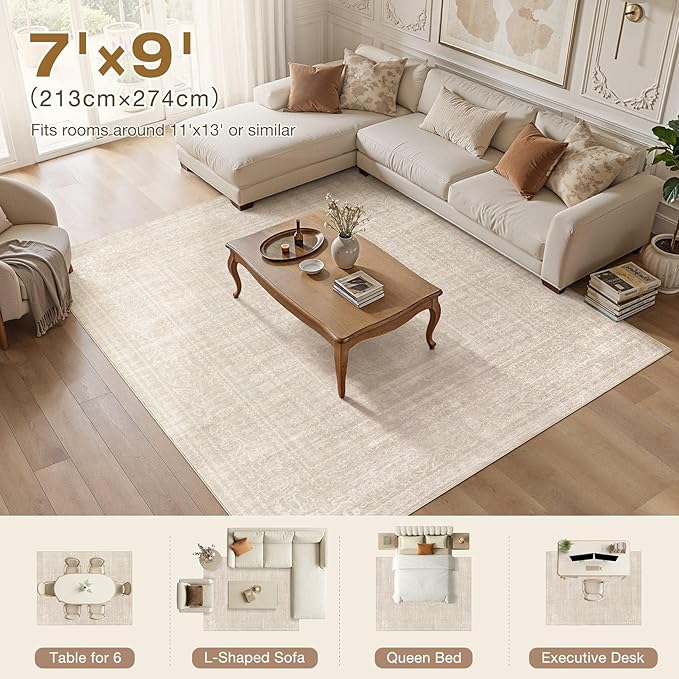 Nakagishi 7x9 Area Rugs Living Room: Washable Large Vintage Rug Neutral Non-Slip Soft Stain Resistant Indoor Carpet for Bedroom Nursery Dining Room Office Playroom - Beige