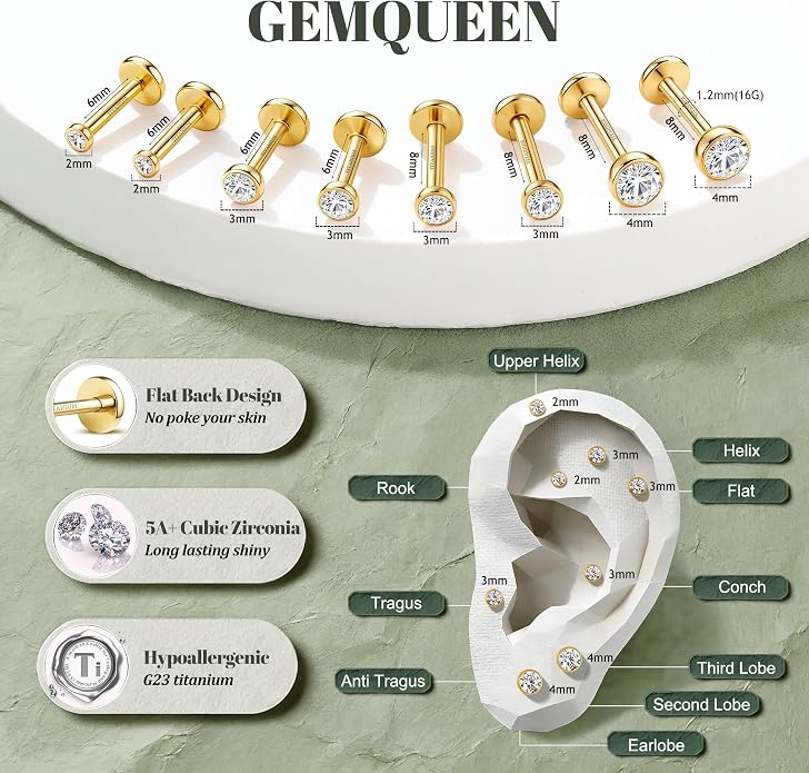 GEMQUEEN 4 Pairs 16G/18G/20G G23 Titanium Implant Grade Nose Studs Threadless Flat Back Earrings Hypoallergenic Flatback 5A CZ Cartilage Helix Tragus Conch Tiny Lip Piercing Jewelry for Women Men