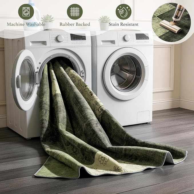 LIANLAM 2x3 Washable Entryway Rug,Non-Slip Indoor Door Mat with Vintage Boho Checkered Pattern, Stain & Water Resistant Faux Wool Low Pile for Front Door,Hall,Kitchen,Bathroom - Easy Clean(2x3,Green)