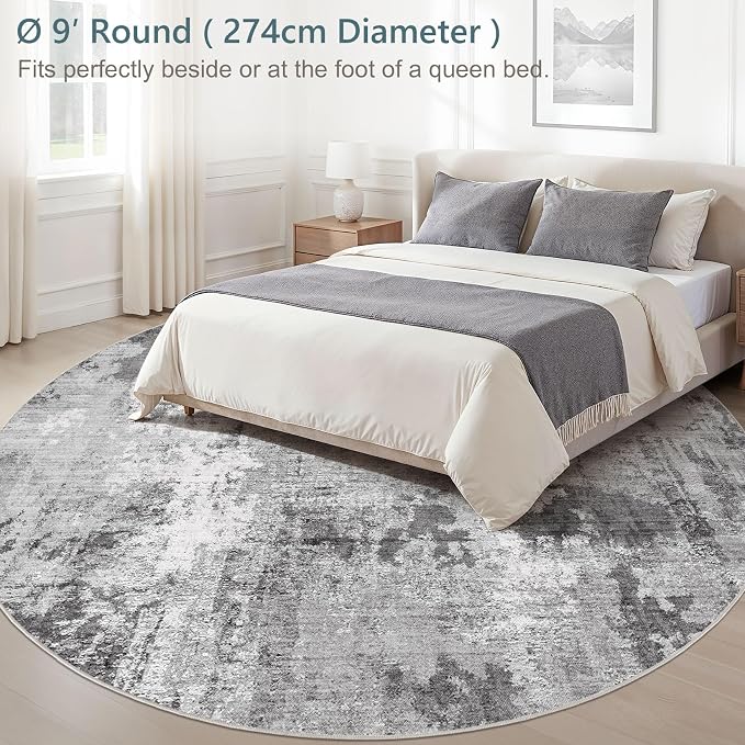 Abstract 9FT Round Rug: Machine Washable Non Slip Ultra Thin Low-Pile Carpet, Soft Stain Resistant for Living Dining Room Bedroom, Kid Pet Friendly, Robot Vacuum Compatible - Grey