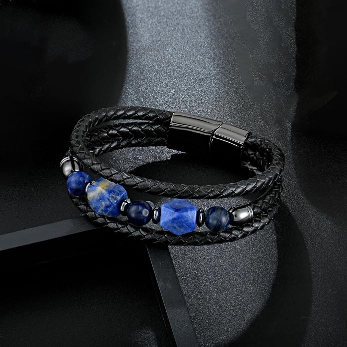 Mens Turquoise/Lapis Lazuli/Tiger Eye/Black Agate/Obsidian Leather Braided Bracelets for Father's Day/Birthdays/Graduation Jewelry Wristband Cuff Bracelet with Stainless Steel Clasp