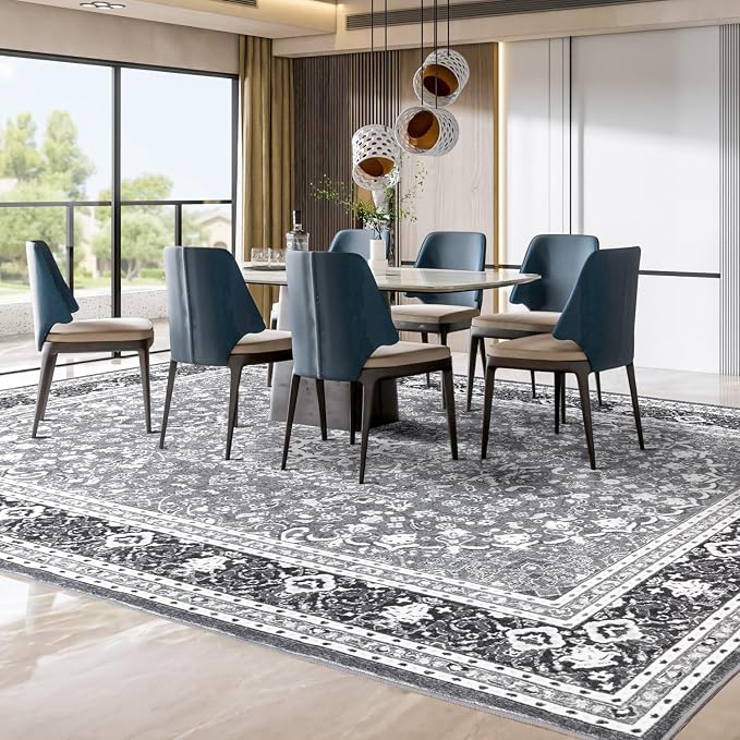 Lessymo Area Rugs 9x12 Living Room- Large Area Rug Machine Washable Area Rug for Bedroom Living Room, Vintage Rugs Boho Floral Medallion, Non-Slip Rubber, Low Pile, Kid & Pet Friendly, Grey White