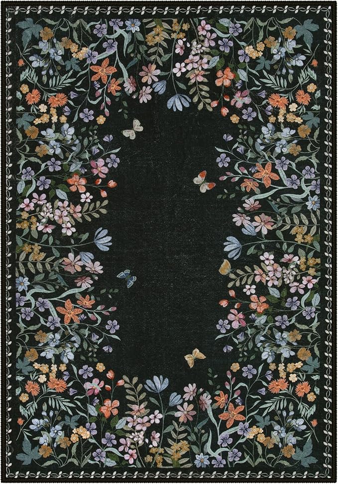 Wonnitar 5x7 Washable Area Rug, Black Floral Rug for Bedroom, Boho Flower Rug for Dining Room, Non Slip Low Pile Living Room Carpet, Botanical Farmhouse Indoor Decor (5x7 Black)
