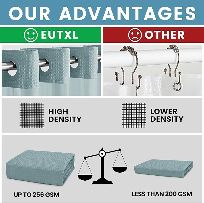 EUTXL Heavyweight Fog Blue Long No Hook Shower Curtain with Snap in Liner,256GSM Waffle Weave Shower Curtains for Bathroom,71W x 86H