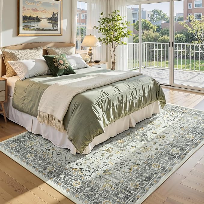 Earthy Taupe Vintage 8x10 Living Room Rug - Light Grey Distressed Boho Aesthetic Geometric Decor Carpet, Washable Low Pile Non-Slip Extra Large Area Rugs for Dining Under Table Bedroom Lounge