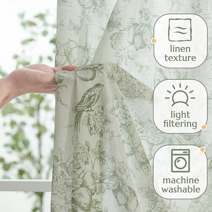 jinchan Linen Floral Curtains for Living Room 96 Inch Long Sage Green Printed Flower French Country Curtain Farmhouse Cottage Core Toile Curtains Back Tab Light Filtering Window Drapes Set 2 Panels