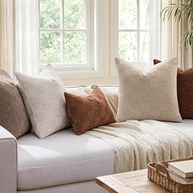 a moment Set of 2 Decorative Linen Throw Pillow Covers,Large Grid Textured Neutral Boho Farmhouse Cushion Covers,Soft Aesthetic Pillowcases for Couch Sofa Living Room Home Decor,24x24 Inch,Natural