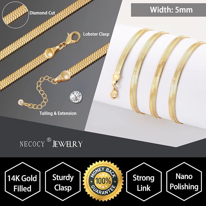 NECOCY 14K Gold Plated Necklaces for Women, Dainty Gold Herringbone Choker Necklace Thin Layered Snake Chain Jewelry for Gifts