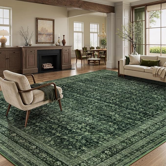 8x10 Area Rugs for Living Room Bedroom, Washable Large Rugs Non-Slip | Vintage Distressed Retro; Low Pile; Stain Resistant; Neutral Boho Carpet for Dining Room, Nursery, Home Office; Moss Green
