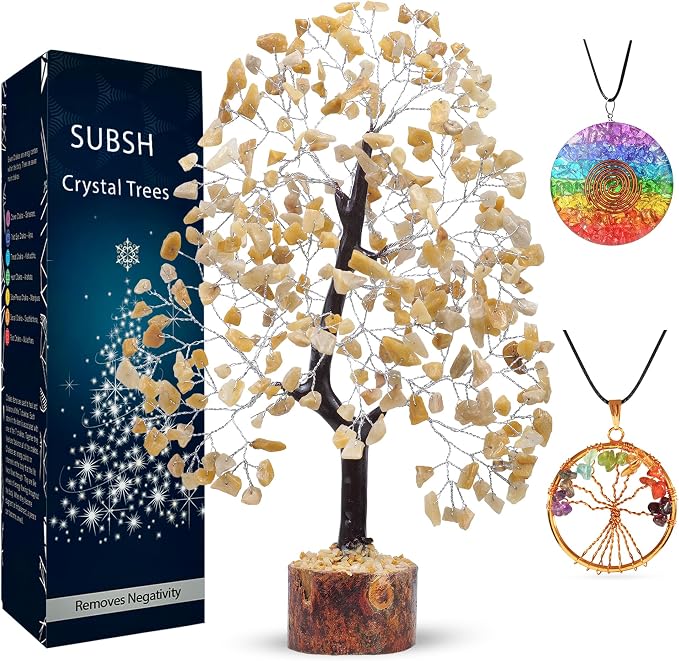 Yellow Aventurine Gemstone Tree with Chakra Pendants, Crystal Tree, Home Decor, Birthday Gifts for Women, Positive Energy, Crystals & Healing Stone, Office Desk Accessories 10-12"