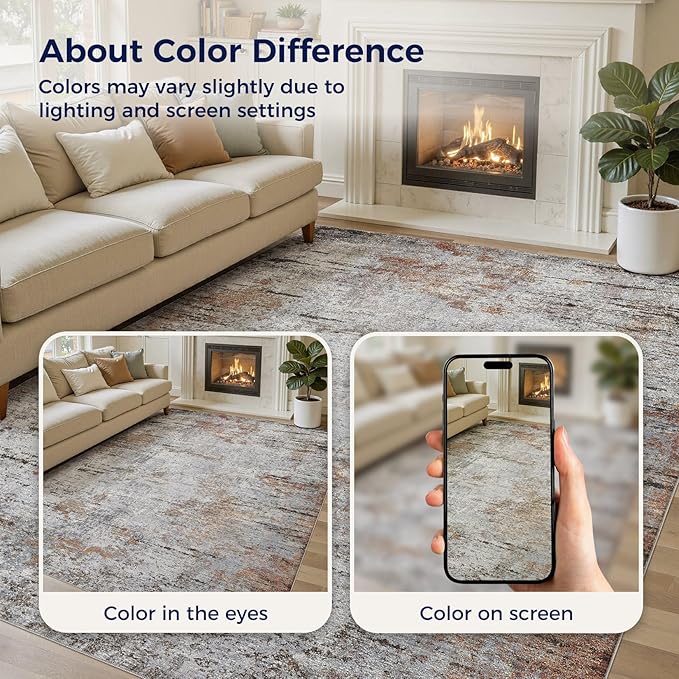 DMOYEST Area Rug Living Room Rugs - 9x12 Large Soft Indoor Neutral Modern Abstract Low Pile Washable Rug Carpet for Bedroom Dining Room Farmhouse Home Office - Grey Rust