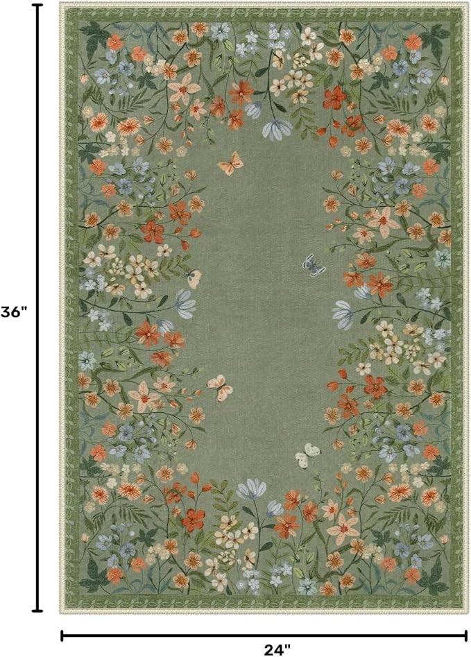 Wonnitar 2x3 Washable Area Rug, Green Floral Entryway Rug, Boho Small Non Slip Rug for Bathroom, Soft Kitchen Accent Carpet, Ultra Thin Bedside Laundry Decor (2x3 Green)