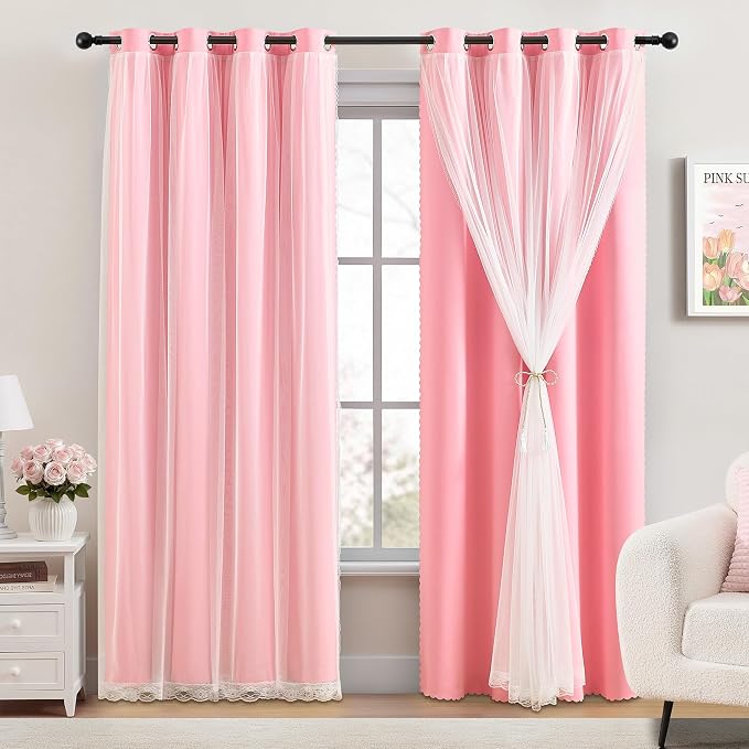 XiDi Full Blackout Pink Curtains with Sheer Overlay Double Layer Curtains for Nursery Girls Bedroom 84 Inches Long 2 Panels Kids Toddler Princess Room Decor Grommet Privacy Window Drapes W34 X L84