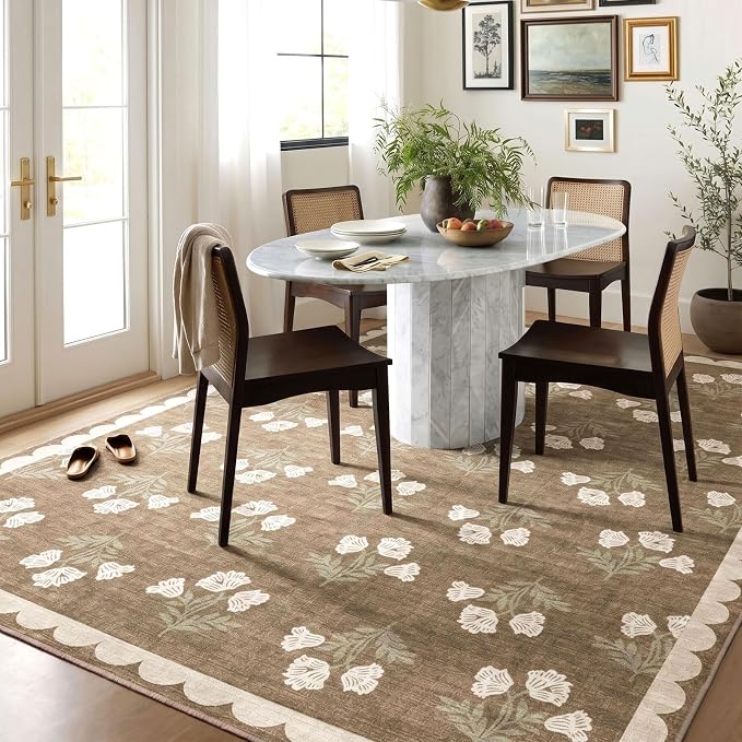 8x10 Area Rug for Living Room - Soft Washable Boho Bedroom Rug Non Slip Stain Resistant Tan Cottage Neutral Farmhouse Floral Scalloped Rugs for Bedroom Nursery Dining Room Rugs Under Table