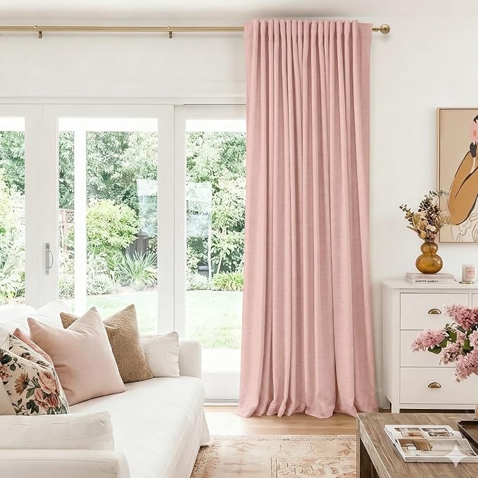 100% Blackout Shield Linen Blackout Sliding Door Curtains for Living Room, Back Tab/Rod Pocket Thermal Insulated Curtains for Sliding Glass Doors, 1 Panel Set, 100" W x 108" L, Blush Pink