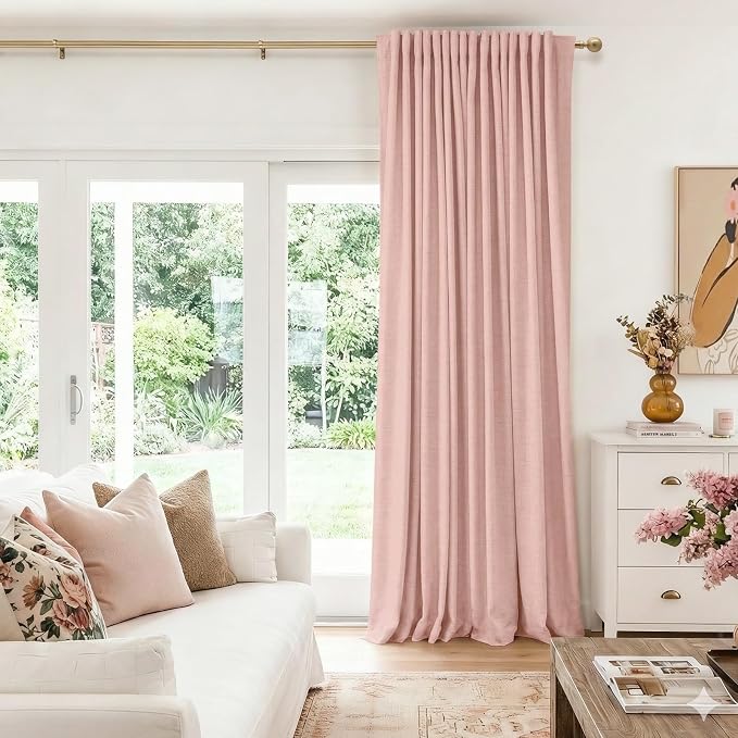 100% Blackout Shield Linen Blackout Sliding Door Curtains for Living Room, Back Tab/Rod Pocket Thermal Insulated Curtains for Sliding Glass Doors, 1 Panel Set, 100" W x 96" L, Blush Pink