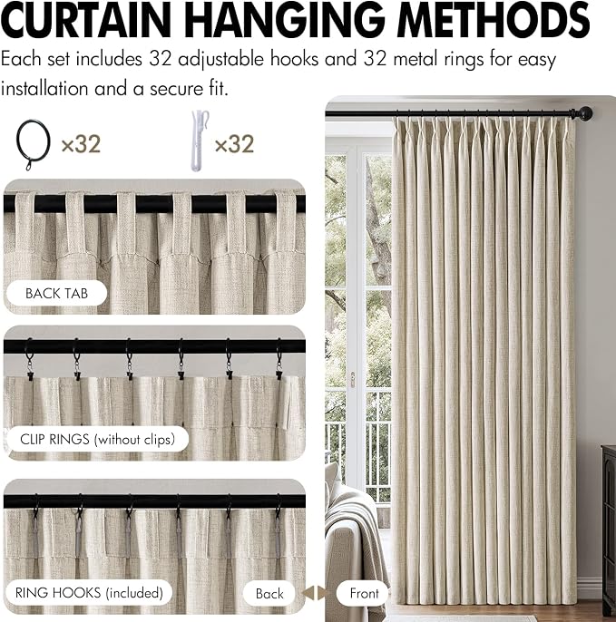 MIULEE Pinch Pleated Thick Linen Curtains 90 Inch 4 Panels Set Back Tab Memory Trained Pinch Pleat Semi Sheer Light Filtering Privacy Curtain Let Light in Window Drapes for Living Room Bedroom Oatmeal