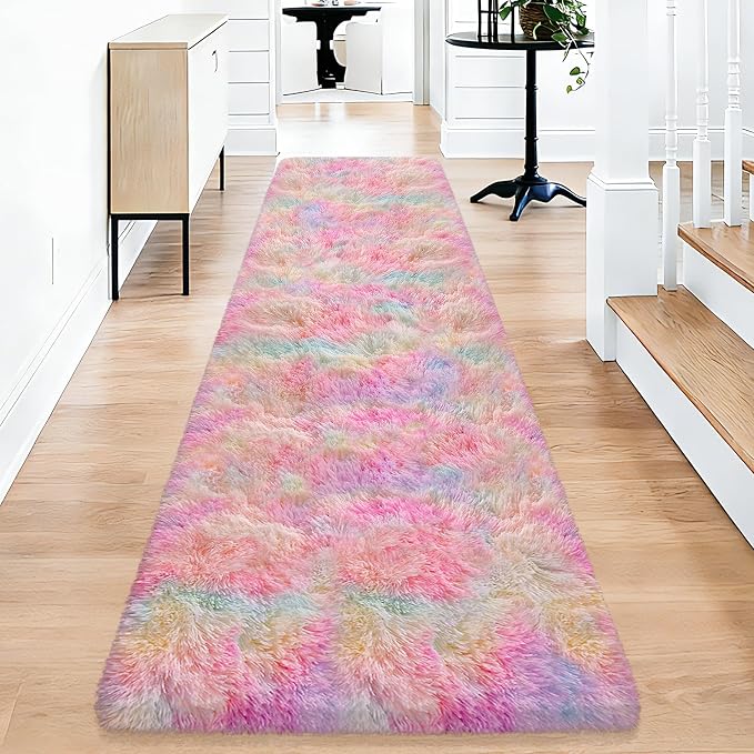 2x10 Feet Tie-Dye Rainbow Unicorn Rug for Girls Bedroom, Soft Fluffy Long Runner Rug for Bedroom, Non-Slip Colorful Carpet Runner for Hallway, Living Room, Kids Room, Dorm, Kawaii Home Decor