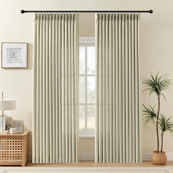 IVAPUPU Pinch Pleated Linen Curtains 90 Inches Long 2 Panels for Living Room, Light Filtering Pleated Semi Sheer Curtain with Hooks Rings Back Tab Memory Trained Drapes for Bedroom, 40W, Linen