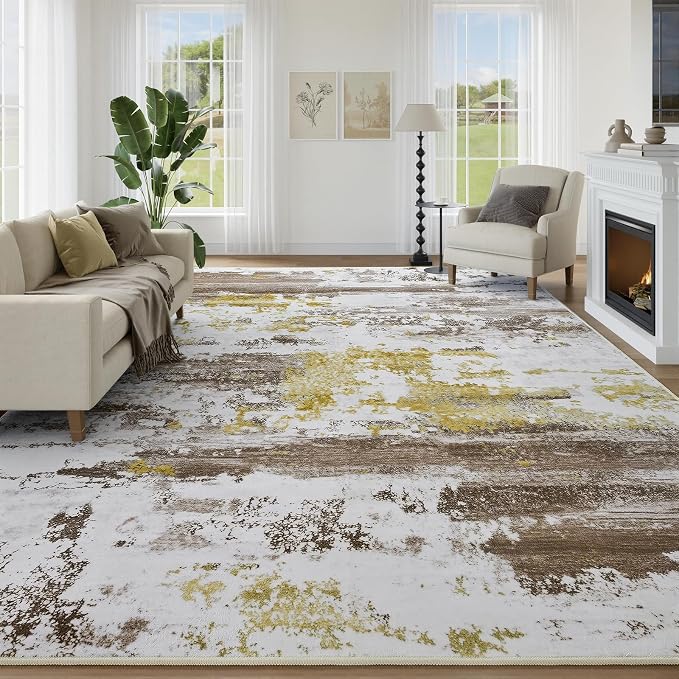 Kelarea Washable Area Rug for Living Room, 6x9 Non Slip Modern Abstract Brown Rugs, Easy Clearning Low Pile Large Carpet for Bedroom, Dining Room, Nursery, Office