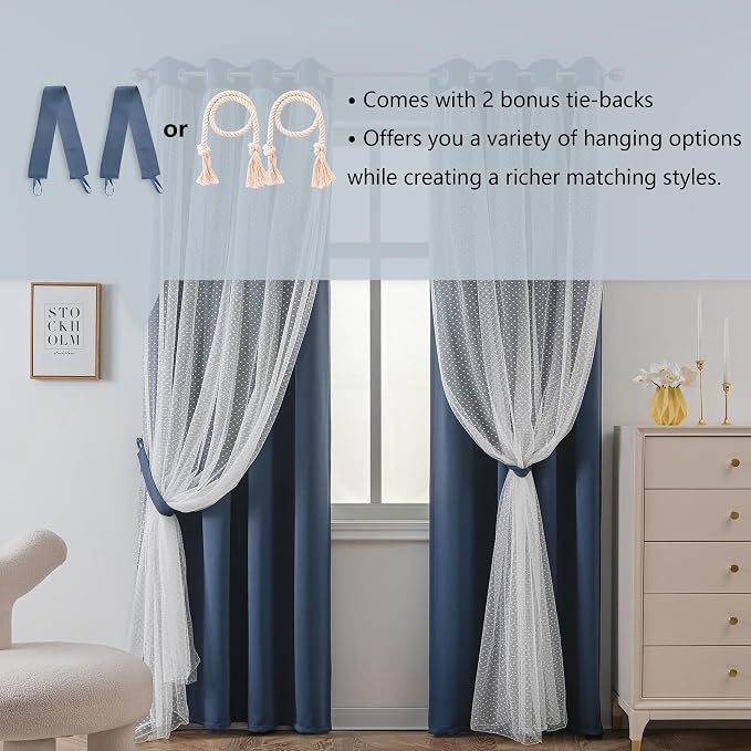 MYSKY HOME Navy Blue Blackout Short Curtains for Girls Bedroom & Nursery Kids Cute Curtains 63 inch Long Double Layer with Polka Dots Sheer, Grommet Tops, 52" Wide Each Panel, 2 Panels