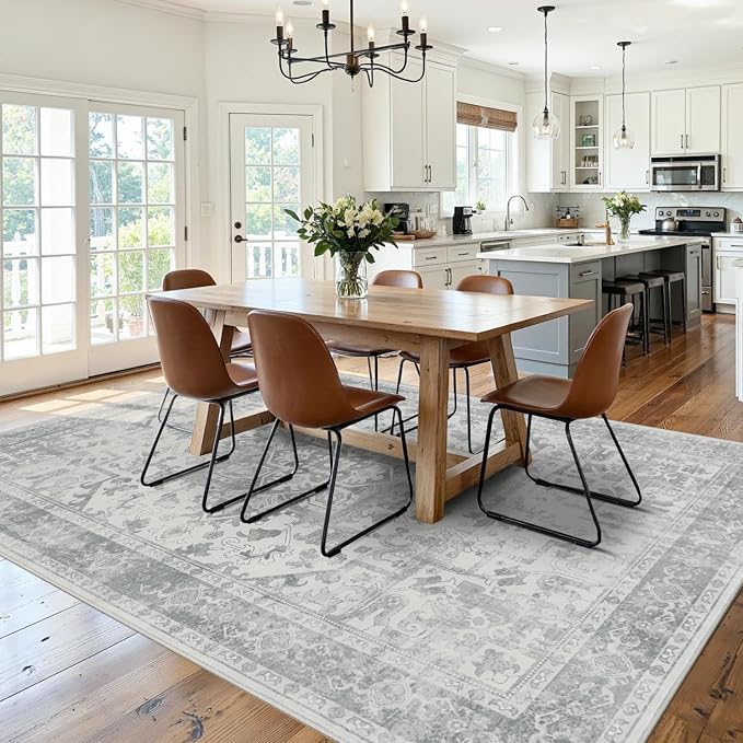 Rugxara 6x9 Washable Area Rug for Living Room, Neutral Vintage Large Boho Rugs for Office, Dining Room, Kids Room, Farmhouse, Durable Low Pile Non Slip Carpet for High Traffic Areas, Light Grey