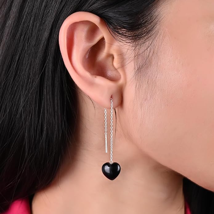 Gemstone Heart Shaped Threader Earrings in 925 Sterling Silver, Pull Through Adjustable, Versatile & Trendy, Perfect Valentine's Gift for Women, Choice of Gemstone Available