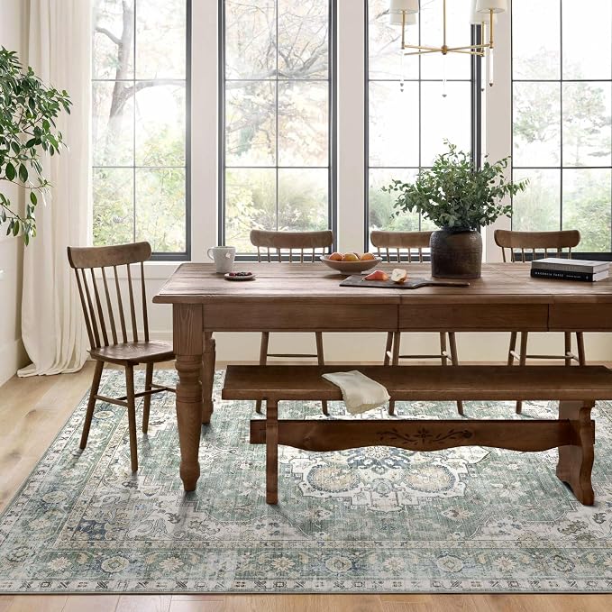 LUXRUG Washable Area Rug 8x10 - Large Sage Green Boho Rugs for Living Room Soft Vintage Bedroom Rug Ultra-Thin Farmhouse Oriental Distressed Carpet Non Slip Rug for Dining Room Guest Room Home Decor