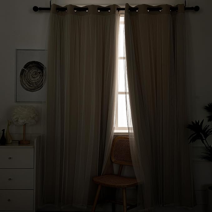 INLINAS Beige Blackout Curtains with Sheer Overlay - Grommet Top Thermal and Noise Reduction Panels for Bedroom and Living Room Light Blocking and Energy Saving, 52 x 96 Inches, Set of 2