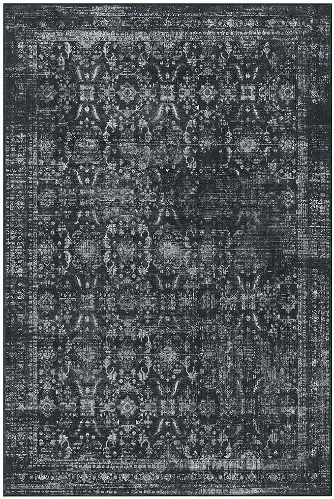 Rugxara Black 10x14 Area Rugs for Living Room Bedroom Large Washable Rug | Non Slip, Rug for Dining Room Office Farmhouse, Stain Resistant, Soft, Low Pile, Vintage Boho Retro Carpet, Home Decor