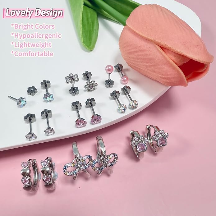 GraceWhisper 9 Pairs Hypoallergenic Earrings For Girls Women-Surgical Stainless Steel Flower Flat Screw Back Stud Earrings For Sensitive Ears Cute Toddler Kids Baby Earrings