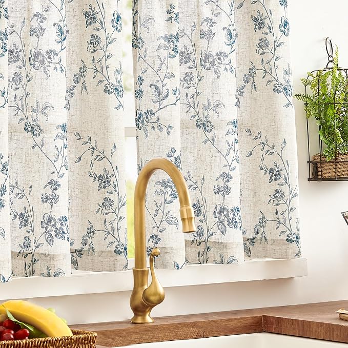 Lazzzy Elisa Floral Kitchen Curtains 24 Inch Linen Cafe Curtains Farmhouse Half Window Drapes Over Sink Light Filtering for Small Windows Rod Pocket Back Tab 2 Panels Blue on Beige