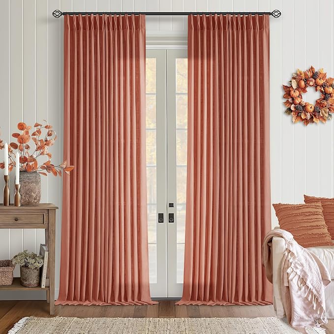 Red Clay Linen Pinch Pleated Curtains 108 Inches Long 2 Panels Firebrick | for Living Room Bedroom, Light Filtering Semi Sheer, Terracotta Autumn Fall Home Decor, Memory Trained Ceiling Floor Curtain