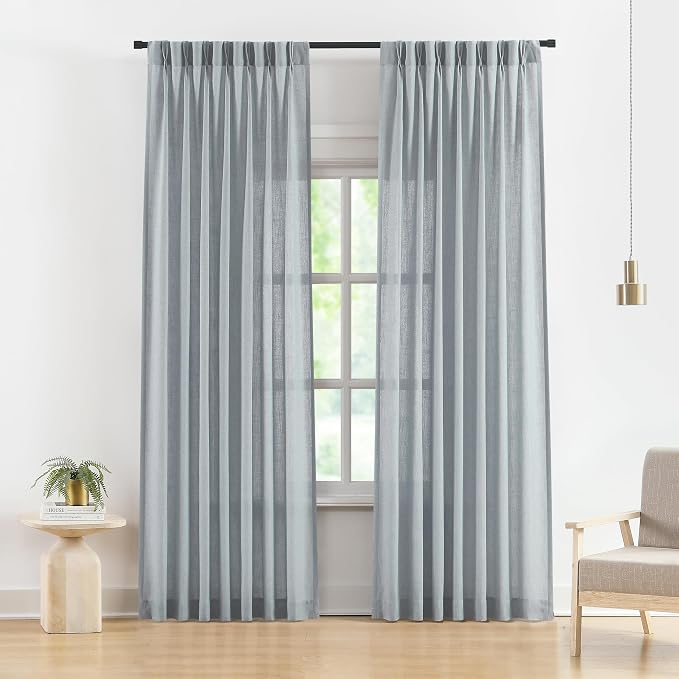 Vision Home Blue Pinch Pleated Semi Sheer Curtains Linen Blended Light Filtering Window Curtains 90 inch for Living Room Bedroom Pinch Pleat Drapes with Hooks 2 Panels 40" Wx90 L,Blueish Gray