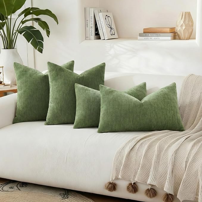 decorUhome Soft Chenille Olive Green Throw Pillow Covers 20X20 Set of 2 | Decorative Fall Couch Pillow Covers Solid Dyed Accent Modern Farmhouse Neutral Square Pillow Cases for Sofa
