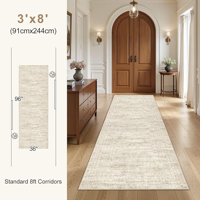 UERMEI 2x6 Washable Runner Rug for Hallway, Non Slip Low Pile Kitchen Carpet, Neutral Modern Abstract Indoor Floor Mat for Entryway Laundry, Kid & Pet Safe High Traffic Area, Beige/Brown