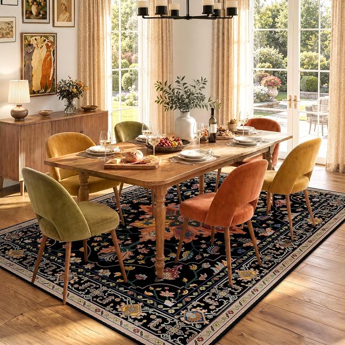 RELEANY Area Rugs 5'x7' Washable Non-Slip, Floral Vintage Distress Medallion Carpet for Living Room Bedroom Dining Room, Black Colorful Floral Dark Tan