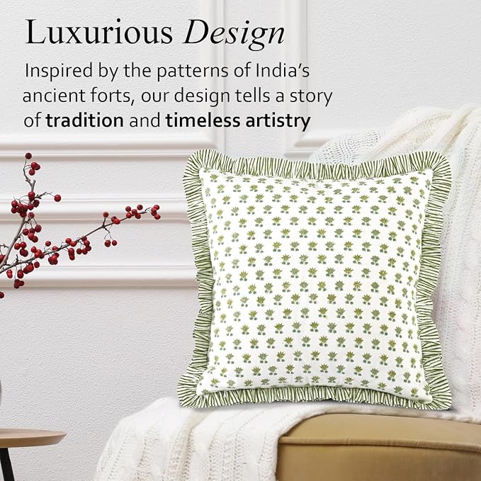 CPC Lotus Meadow Hand Block Print 100% Cotton Ruffle Throw Pillow Cover 18x18 inch with Hidden Zipper Decorative for Couch, Bed, Sofa, Farmhouse, Cottagecore Decor Gift Christmas Fall Thanksgiving