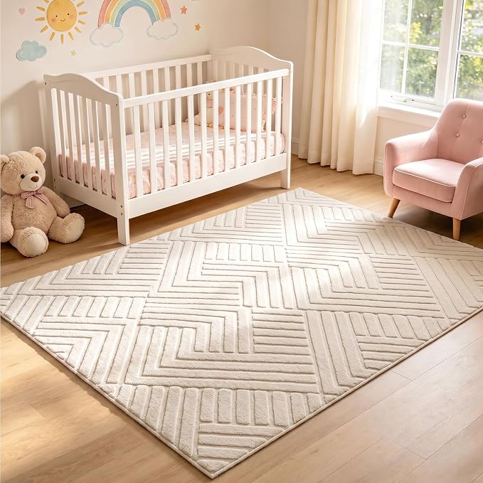 Bsmathom 5x7 Washable Area Rug, Boho Neutral Modern Soft Carpet Mat, Beige | Machine Washable, Low Pile Fluffy Plush, Non-slip, Geometric Textured, For Living Dining Kids Room Bedroom Indoor Dorm