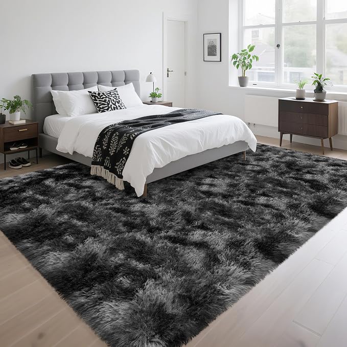 Plush 8x10 Area Rug for Living Room, Tie-Dyed Dark Grey Black 8x10 Shag Rug for Bedroom Bedside Fuzzy Carpet Big Furry Soft Fluffy Rug for Kids Girls Boys Room Baby Nursery Dorm