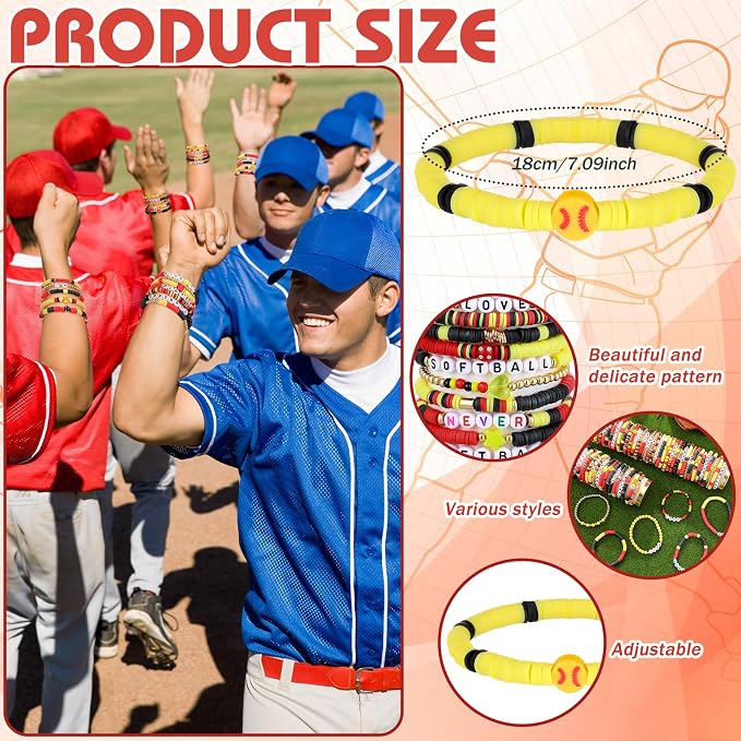 Landical 64 Pcs Sports Softball Bracelets for Women Vinyl Clay Party Favor Bracelet Pack Bulk Beaded Accessories Softball Player Gifts Adjustable Gifts for Goody Bag Fillers Party Favors