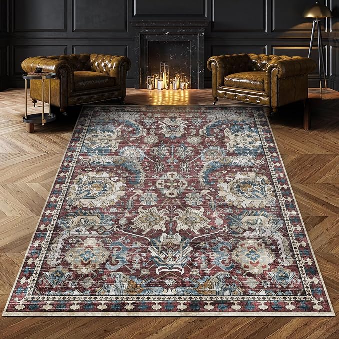 RUGSURE Washable Area Rugs - Perfect for Living Room, Bedroom, Kids Room, Nursery - Stain & Water Resistant Non-Slip, Pet & Child Friendly, Vintage Tribal Area Rugs (Burgundy and Blue, 3' x 5 ')