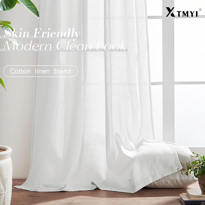 Sheer White Curtains 120 Inches Long for Living Room 2 Panels Set Hang with Clip Rings Back Tab Semi Transparentes Light Filtering Linen Cotton Blend XL Drapes Curtains Rod Pocket,50x120 in Length