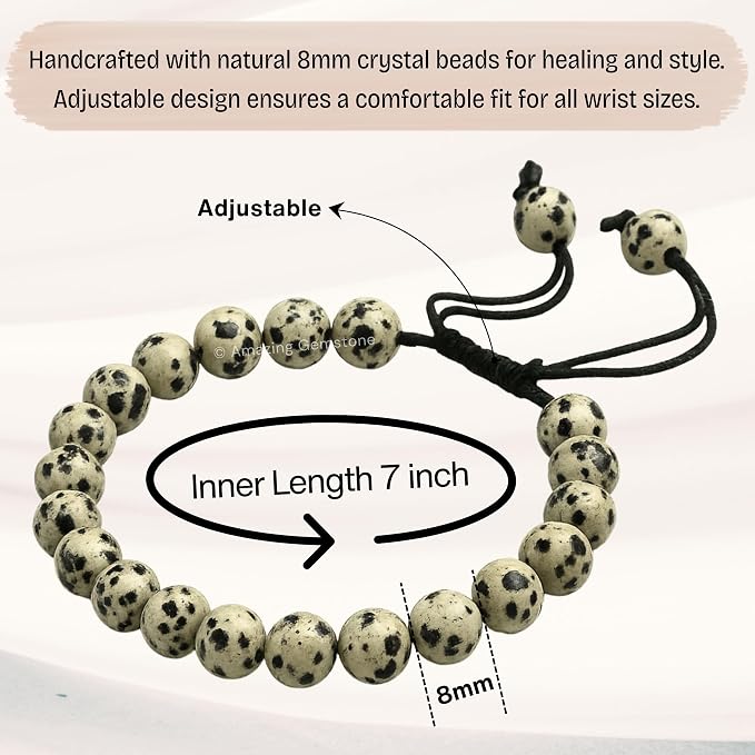 Amazing Gemstone Dalmatian Jasper Bracelet, Gifts for Men & Women - Protection Healing Crystal Bracelet - 8mm Gemstone Beaded Adjustable Bracelet, Pulseras para Hombres Mujer Stocking Stuffers