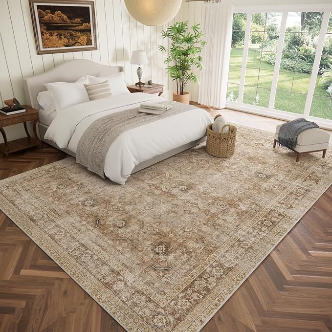 Boho Washable 10x14 Area Rugs for Living Room, Cushioned, Brown | Vintage Non-slip Neutral Oriental Rugs for Bedroom Dining Room Nursery Office High Traffic Area