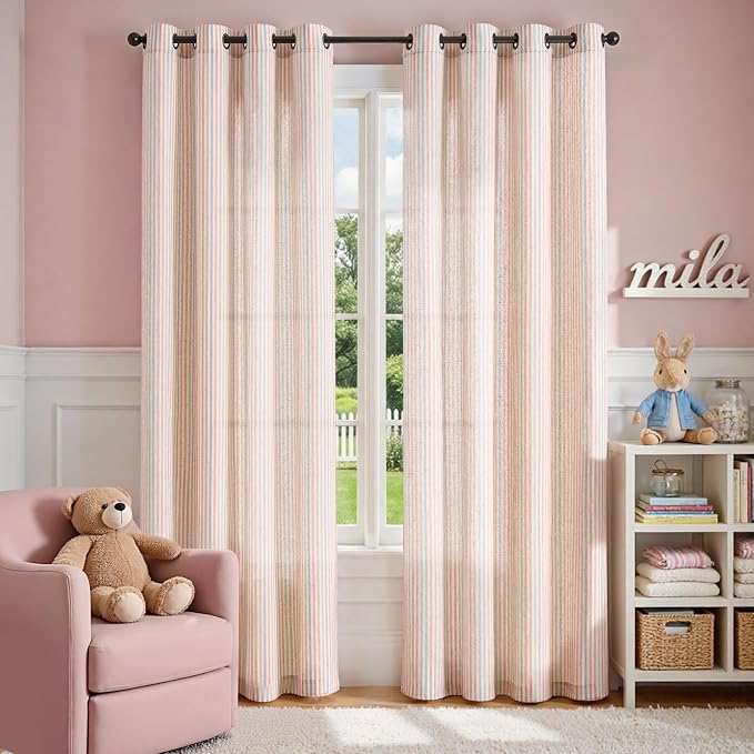 Vangao Linen Stripe Nursery Curtains for Kids Tickingstripe Light Filtering Window Curtains Colorful Pink Pinstripe Printed Drapes 84 Inches Long for Living Room Girls Bedroom Dorm 2 Panels