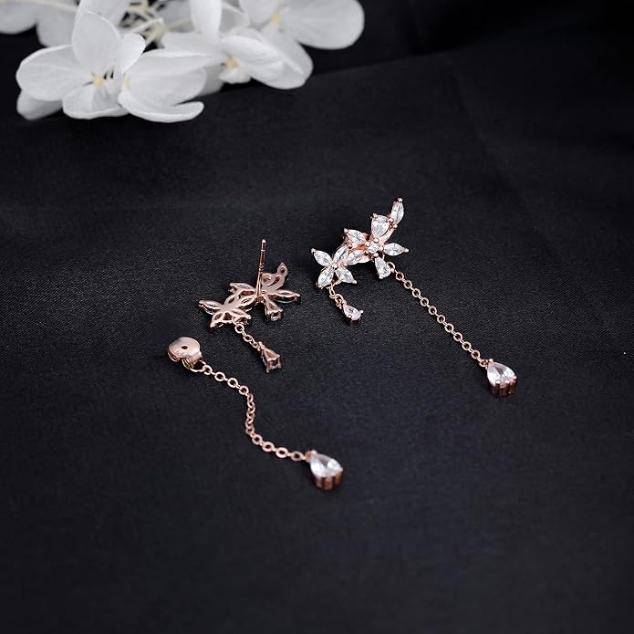 SLUYNZ 925 Sterling Silver Dainty CZ Flowers Wrap Earrings Dangle Chain for Women Elegant Dangling Earrings Bridal Earrings Wedding Engagement Drop Earrings Prom Engagement Party Jewelry