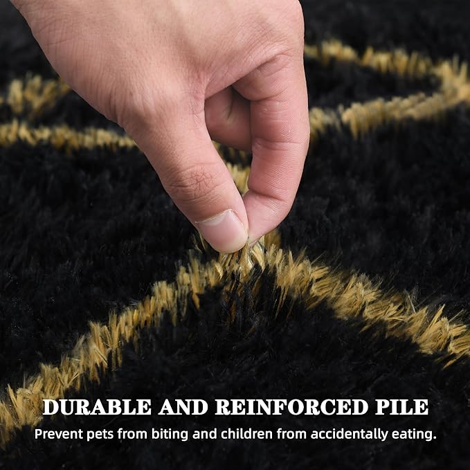 Fluffy Rug for Bedroom, Soft 5x7 Black Shag Plush Geometric Area Rugs | Modern Black and Gold Rug, Non Slip Carpet for Living Room, Aesthetic Home Decor, Fuzzy Floor Mat for Nursery Teen Dorm