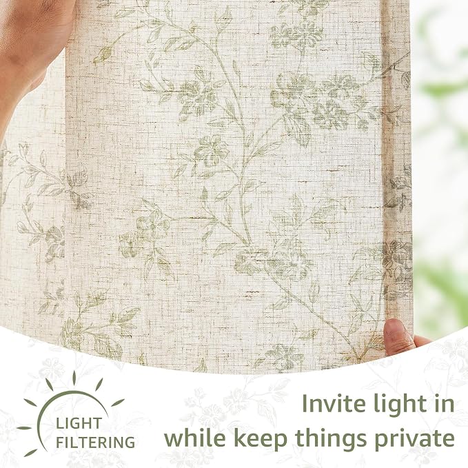 Lazzzy Elisa Floral Kitchen Curtains 36 Inch Linen Cafe Curtains Farmhouse Half Window Drapes Over Sink Light Filtering for Small Windows Rod Pocket Back Tab 2 Panels Green on Beige
