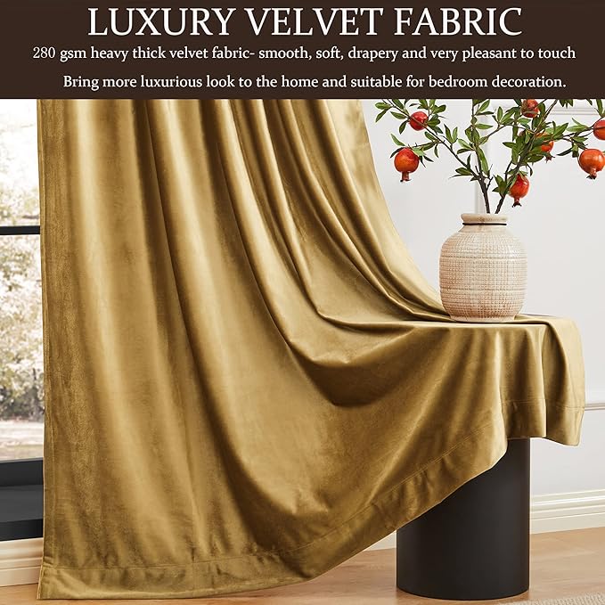 100% Blackout Gold Velvet Curtains 90 inch Long for Living Room,Elegant 2 Panels Back Tab Thermal Insulated Room Darkening Curtain with Liner Heavy Noice Reducing Soundproof Window Drapes for Bedroom